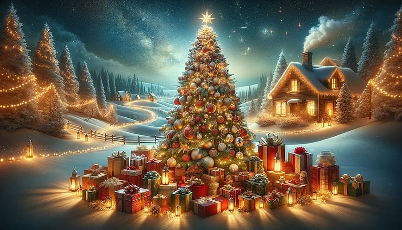 Merry Christmas everyone, hazak, termeszet, karacsonyfa, dekoracio, december, erdo, havas, ho, csillagos egbolt, tel, evad, ajandekok, unnep, boldog, fenyok, bekes, vilagit, disz, lampas, karacsony, HD wallpaper