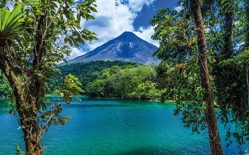 Arenal Volcano, stratovolcano, lake, mountain landscape, volcano, Costa Rica, Alajuela Province, HD wallpaper