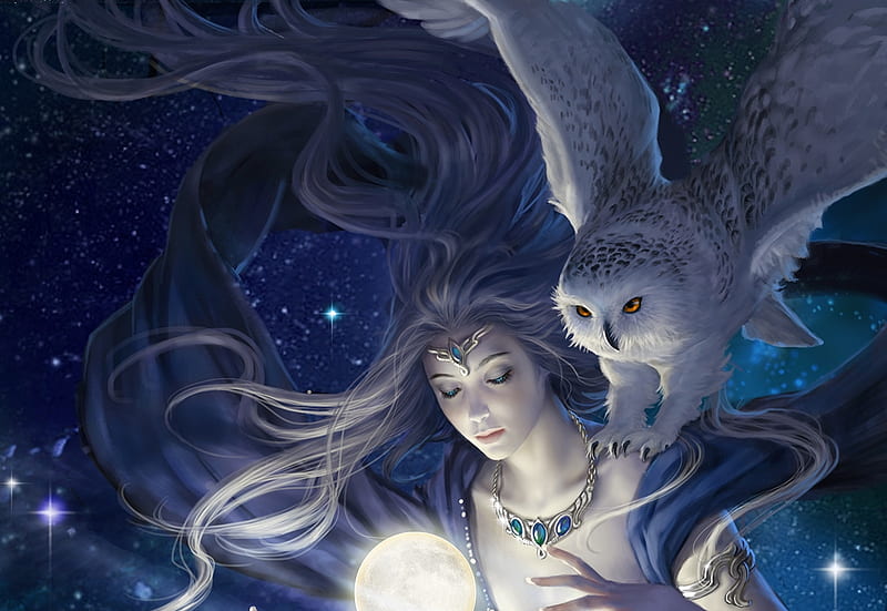 Moon goddess, owl, frumusete, wings, moon, luminos, goddess, pasare, miu yang, moon, bufnita, bird, white, blue, night, HD wallpaper