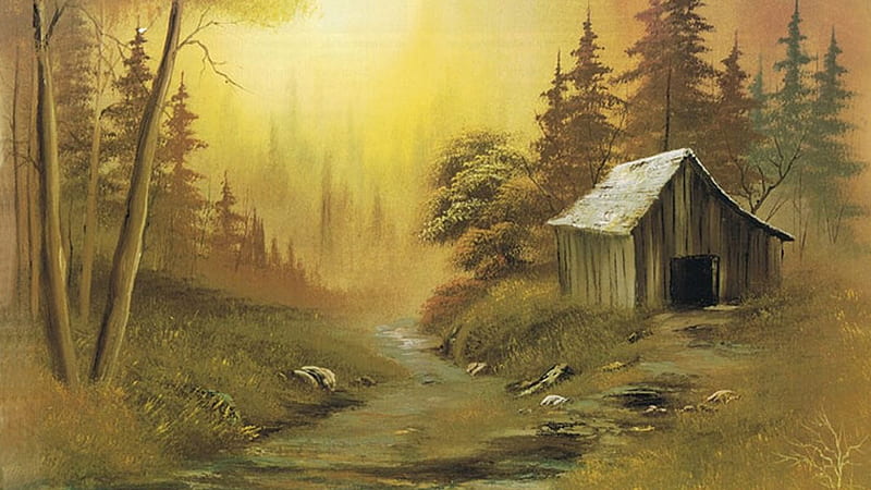 This Old House, forest, house, woods, home, cabin, creek, old, barn, painting, Firefox Persona theme, vintage, HD wallpaper
