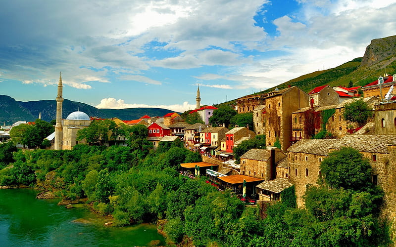 Mostar, Neretva River, summer, river, Bosnia and Herzegovina, HD wallpaper