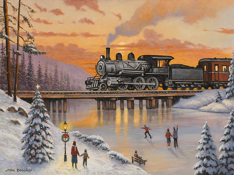 Rail Road on the Ice Bridge, art, paintings, cool, snow, winter, HD wallpaper