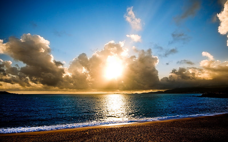 Corsican Beach, calm, beaches, ocean, skiy, nature, sunset, clouds, blue, HD wallpaper