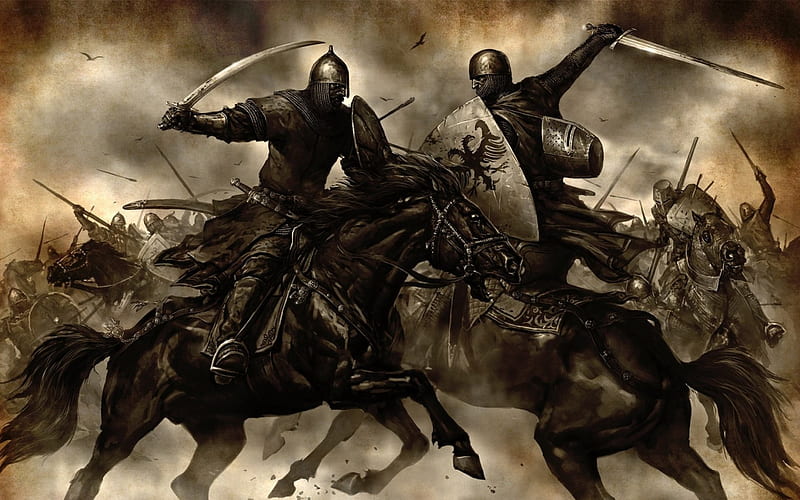 knights in battle, horse, sword, knight, shield, HD wallpaper