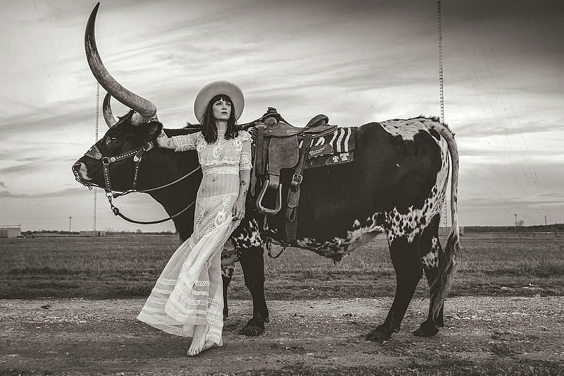 Longhorn Pose. ., dress, cowgirl, boots, outdoors, women, brunettes, longhorn, girls, bull, hats, female, models, ranch, fun, fashion, western, style, HD wallpaper