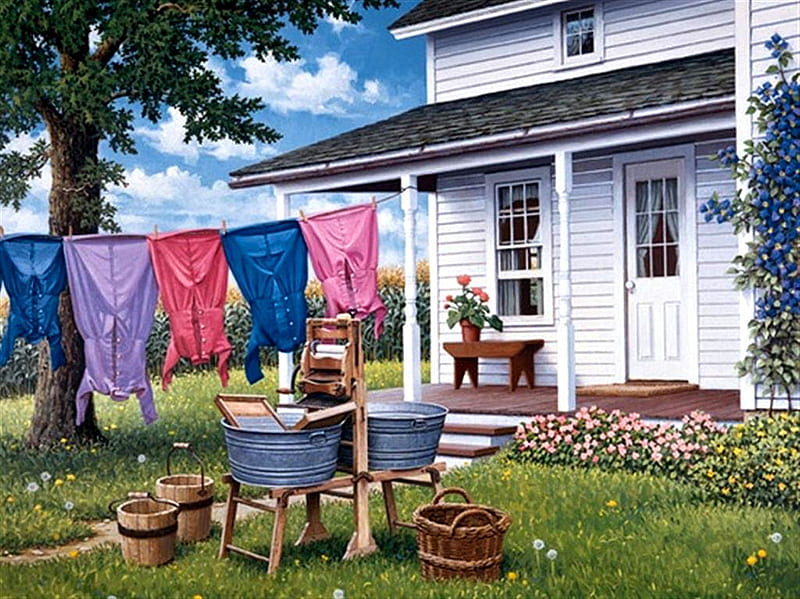 Wash Day F, architecture, clothes, art, cottage, bonito, wringer, artwork, tubs, painting, wide screen, scenery, clothes line, HD wallpaper