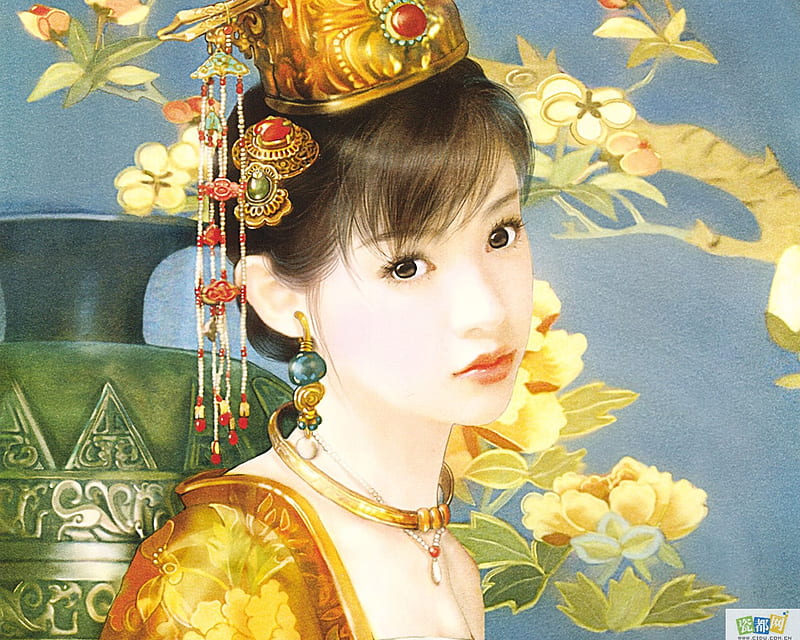 Beautiful girl, lovely, vase, woman, pins, jewelry, gold, hairdress, girl, green, painting, flower, asian, chair, HD wallpaper