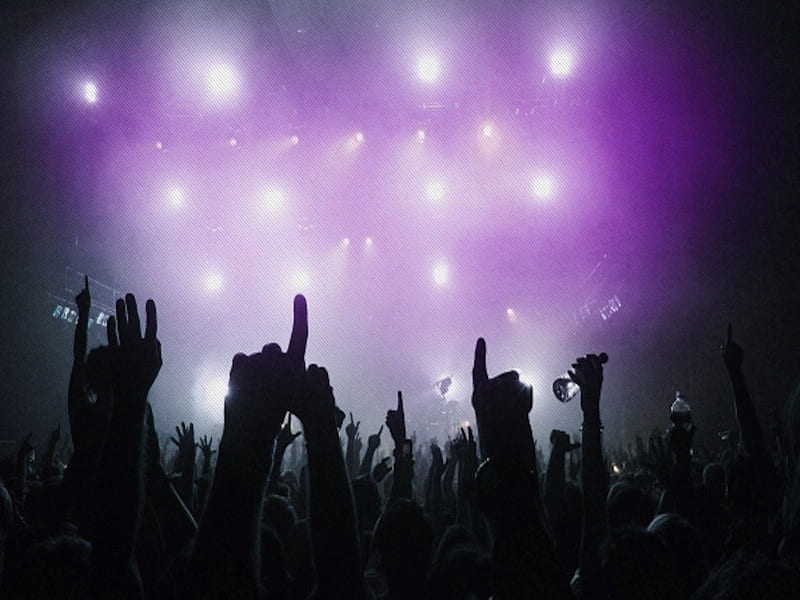 Silhouettes Rockin' Out, live, concert, creative, silhouette, rock and roll, lights, rocking, hands, graphy, purple, shadows, stage, single, finger, HD wallpaper