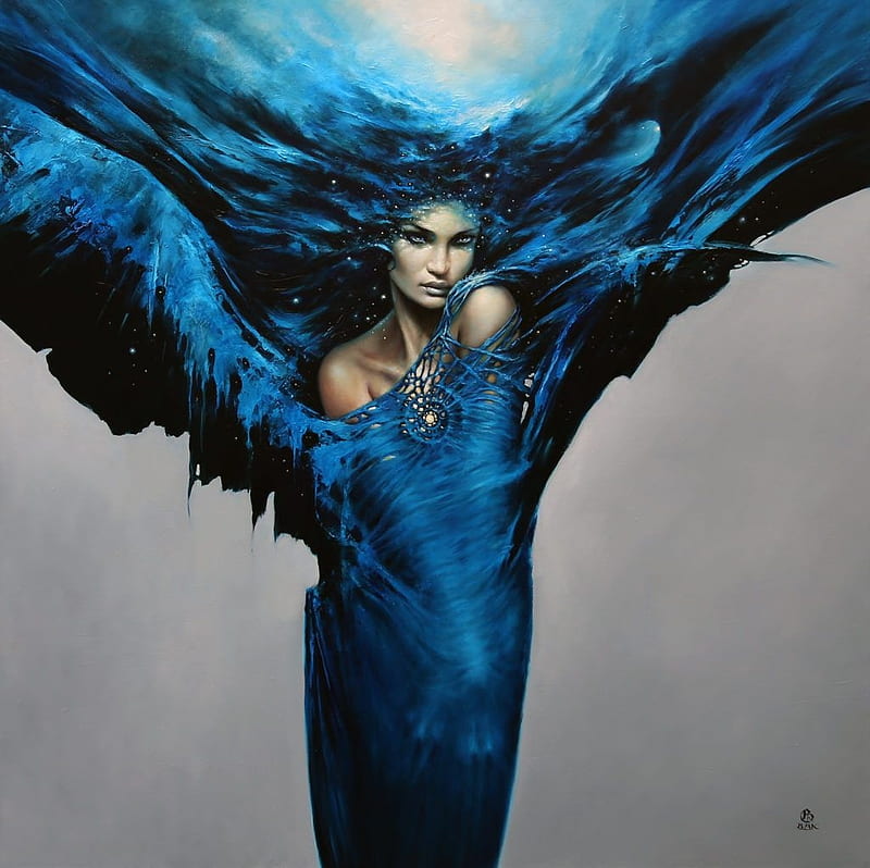 Ocean by Karol Bak, girl, ocean, blue, karol bak, art, frumusete, luminos, fantasy, water, painting, pictura, HD wallpaper