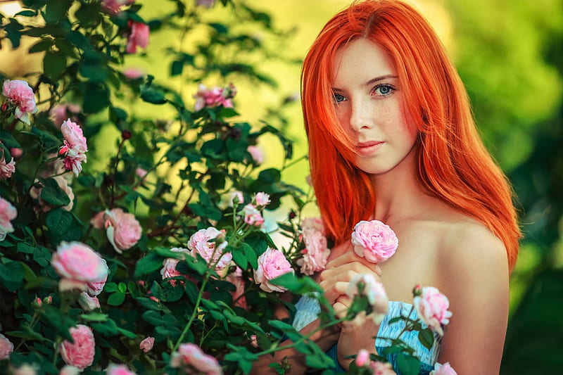 Sunny Girl Sun Freckle Flowers Beauty Portrait Red Haired Hd