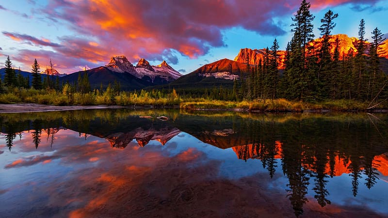 The Three Sisters at Dawn, Alberta, colors, clouds, trees, sky, canada, water, lake, reflections, HD wallpaper