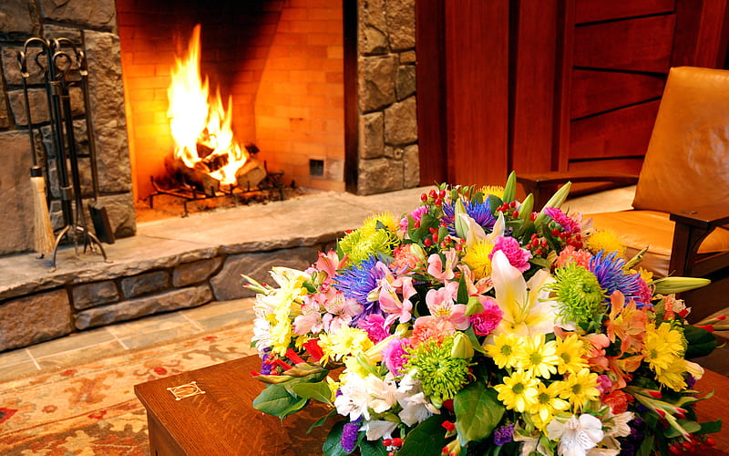 Fireplace, architecture, pretty, family, colorful, floral arrangement, house, brown, home, bonito, sweet, furniture, board, modern, nice, flame, arrangement, flowers, beauty, room, chair, wood, table, warm, cute, fire, flower, nature, HD wallpaper