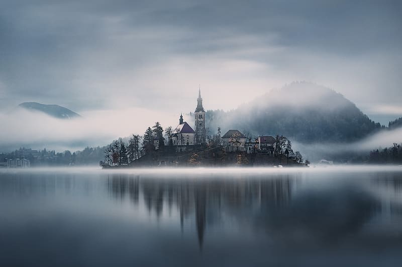 Fog, Island, Slovenia, Churches, Lake Bled, Religious, Assumption Of Mary Church, HD wallpaper