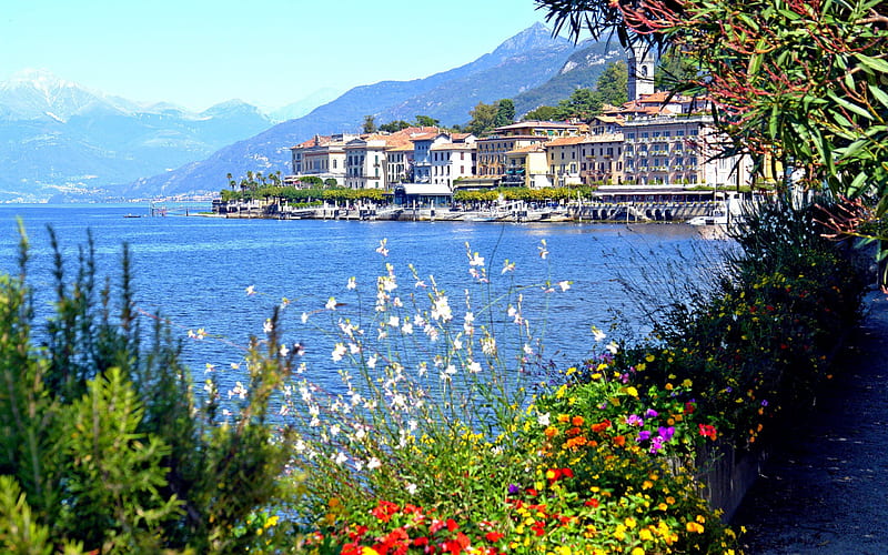 Lovely View, architecture, house, grass, lake como, clouds, boat, italia, boats, splendor, path, flowers, beauty, italy, lovely, houses, town, port, buildings, sky, building, harbour, mountains, landscape, colorful, summer time, sailing, pahtway, bonito, leaves, view, colors, lake, peaceful, summer, nature, sailboat, sailboats, HD wallpaper