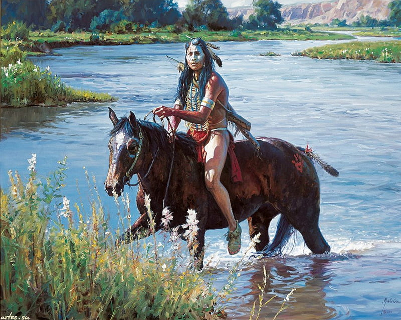 Crossing the Greasy Grass, art, native american, HD wallpaper
