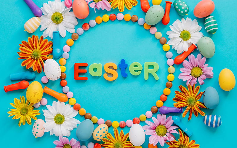 Happy Easter, April 2018, festive decoration, spring, Easter, colored Easter eggs, chocolate candies, HD wallpaper