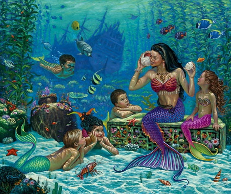 Mermaid kids, beautiful mermaid, fantasy, merpeople, HD wallpaper