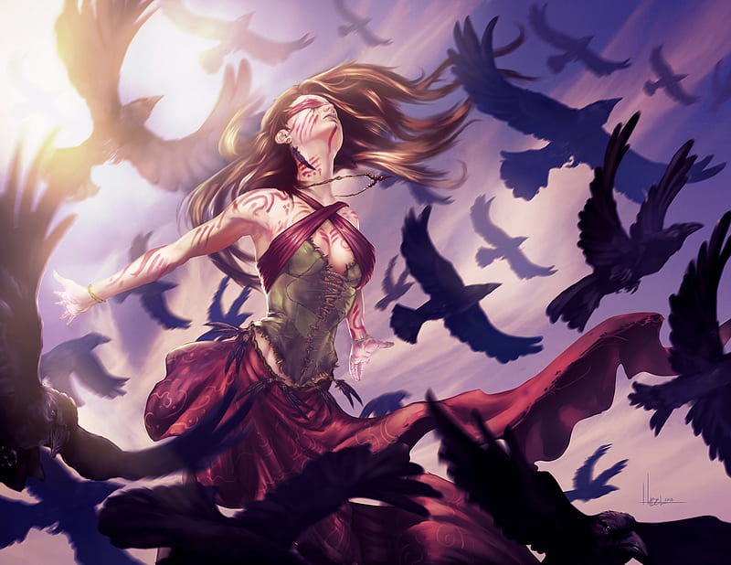 Raven Fantasy Girl, raven, fantasy, artist, artwork, digital-art, HD wallpaper