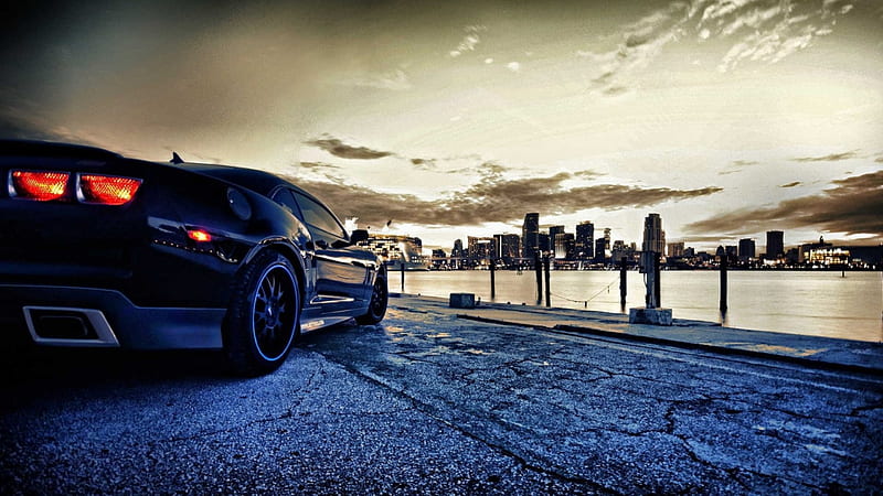 chevrolet camero on a waterfront at dusk, city, waterfront, car, dusk, lights, HD wallpaper