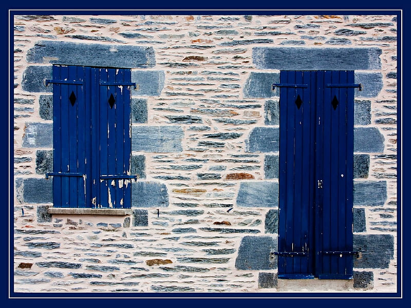 closed, windows, wall, blue, HD wallpaper