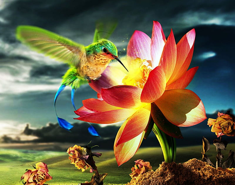 Nectar of life, lotus, bird, glowing, roses, nectar, withered, HD wallpaper