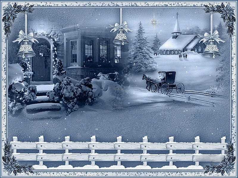 CHRISTMAS BELLS, christmas, snow, carrage, church, bells, winter, HD wallpaper