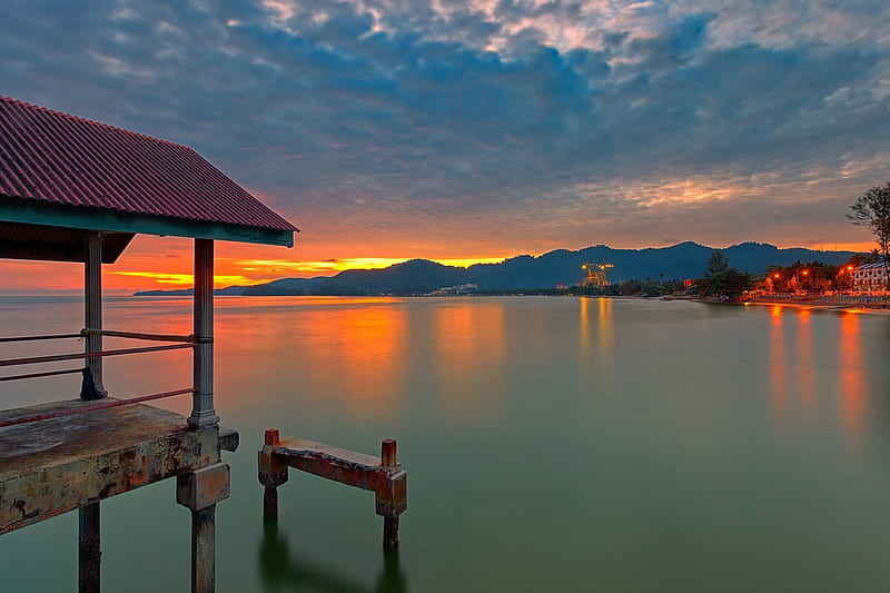 Lakeside Sunset, hills, pier, colors, clouds, sky, HD wallpaper