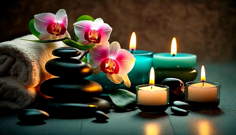 ᰔᩚ, Flowers, Candles, Orchids, Stones, HD wallpaper