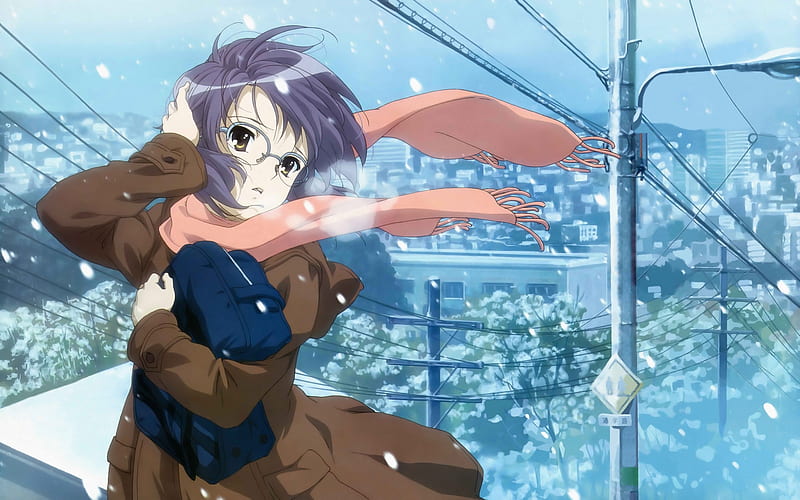 suzumiya haruhi no yuutsu, short hair, city, nagato yuki, uniform, snow, purple hair, glasses, brown eyes, HD wallpaper