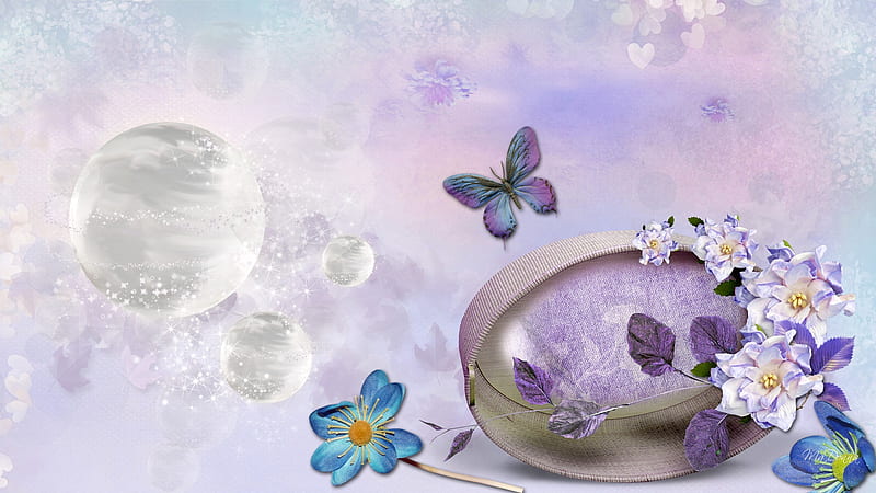 Lunar Mystery, moon, leaves, butterfly, flowers, firefox persona, lavender, corazones, HD wallpaper