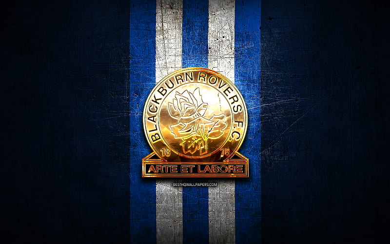 Blackburn Rovers FC, golden logo, EFL Championship, blue metal background, football, Blackburn Rovers, english football club, Blackburn Rovers logo, soccer, England, HD wallpaper