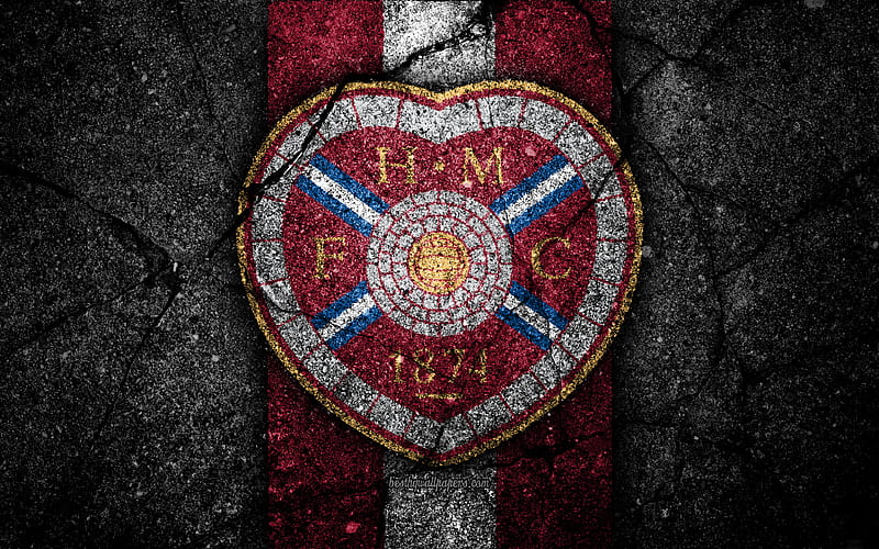 FC Hearts emblem, Scottish Premiership, football, Scotland, corazones, asphalt texture, soccer, Scottish Football Championship, Hearts FC, HD wallpaper