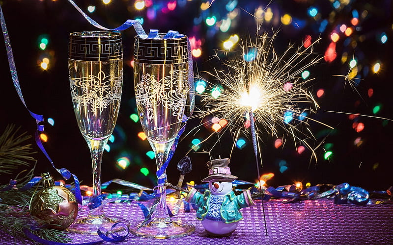 Happy New Year, champagne, snowmen, Bengal lights, glasses, New Year 2018, xmas, Christmas, HD wallpaper