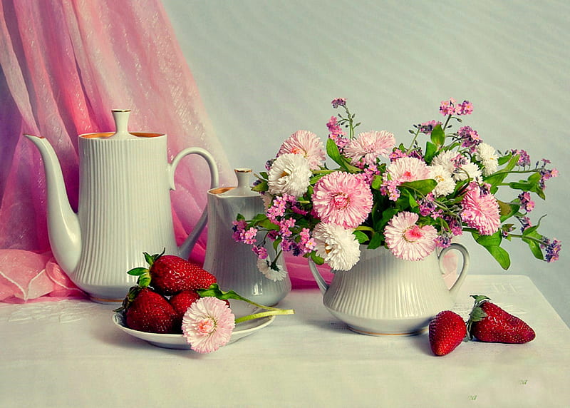 Delight, teapot, still life, pink fabric, flowers, plate, strawverries, HD wallpaper
