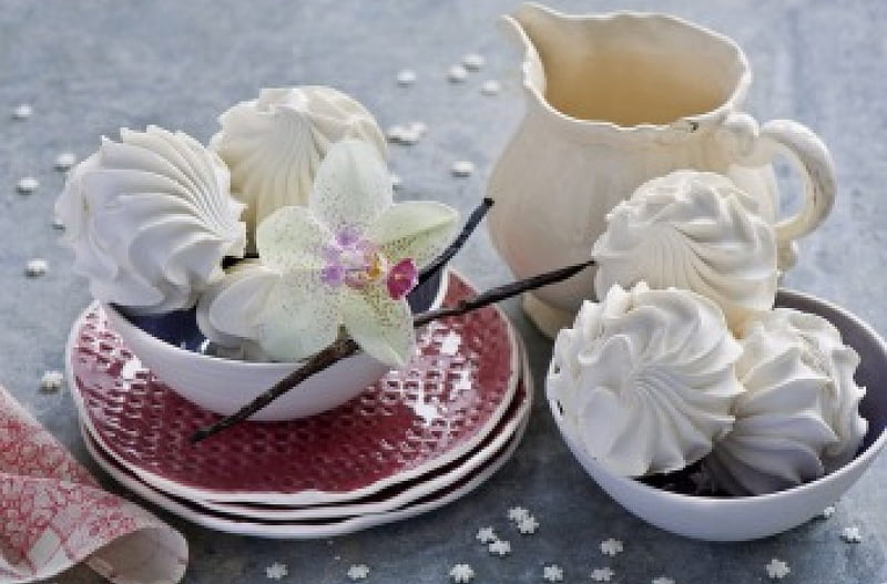 *Marshmallows*, jug, white, marshmallows, orchid, HD wallpaper