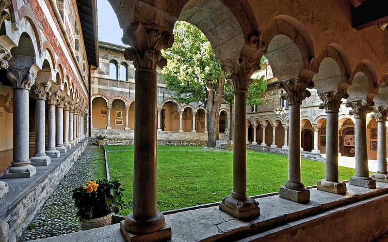Monastery in Italy, cloister, columns, Italy, monastery, HD wallpaper