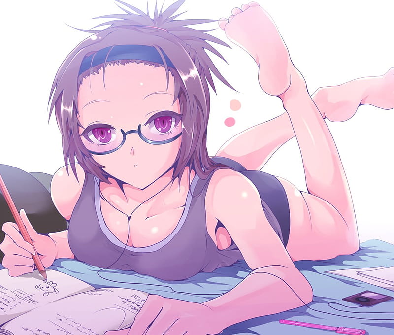 I need some help with my Homework, pretty, stunning, glasses, bonito, sexy, cute, short hair, hot, beauty, anime girl, purple eyes, HD wallpaper