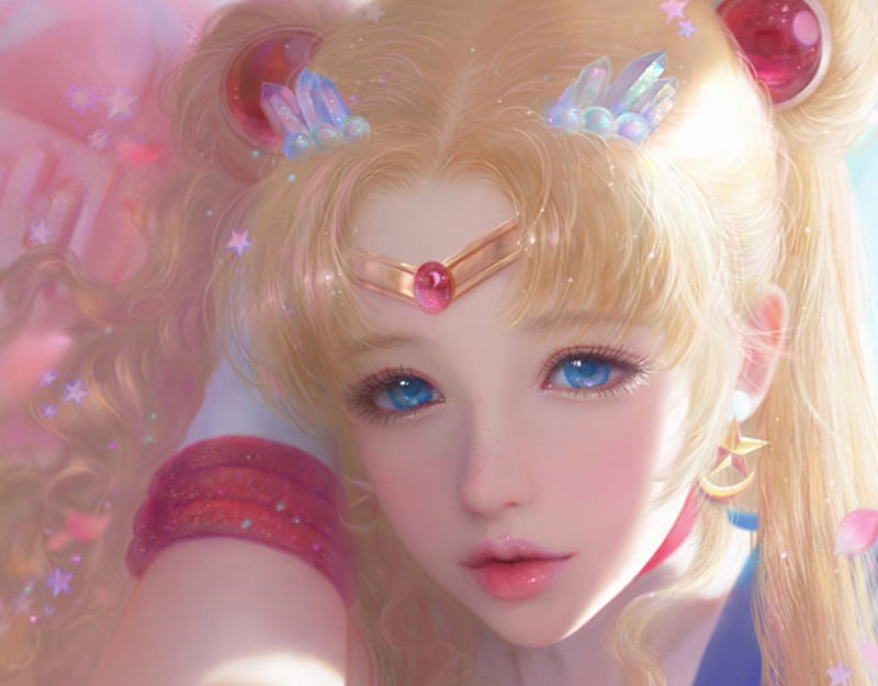 Sailor Moon, frumusete, ruoxin zhang, luminos, manga, blonde, fantasy, serenity, anime, face, pink, blue, HD wallpaper