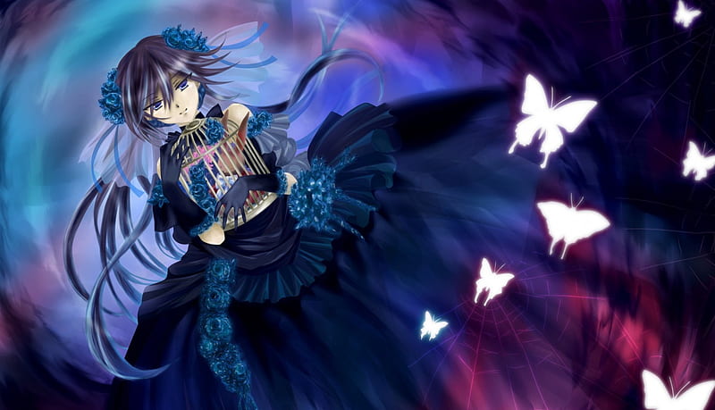 The cage, manga, blue dress, butterfly, girl, cage, anime, flower ...