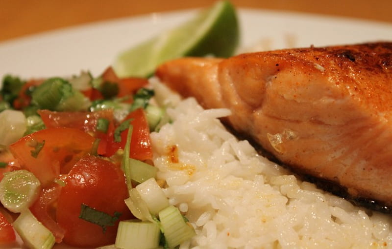 Salmon, red, orange, fish, food, abstract, rice, tomatoes, greenonions, green, plate, white, HD wallpaper