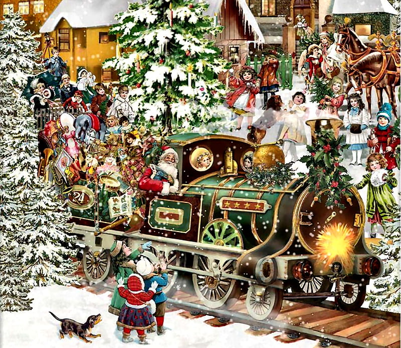 Christmas Train FC, Christmas, locomotive, December, equine, bonito, illustration, artwork, canine, train, painting, wide screen, art, railroad, holiday, horses, winter, engine, snow, occasion, tracks, dogs, HD wallpaper