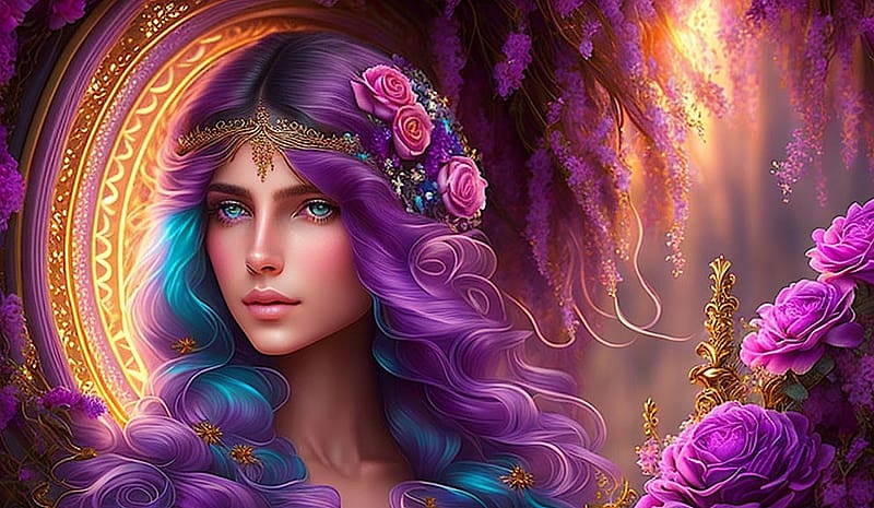 Fantasy woman, womann, purple, roses, abstract, fantasy, beautiful, hair, HD wallpaper