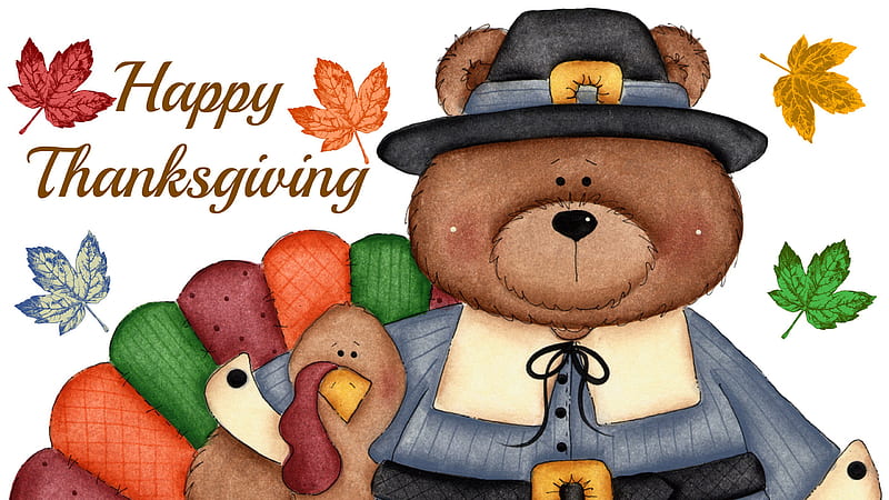 Happy Thanksgiving Word With Leaves Bear Turkey Thanksgiving, HD wallpaper