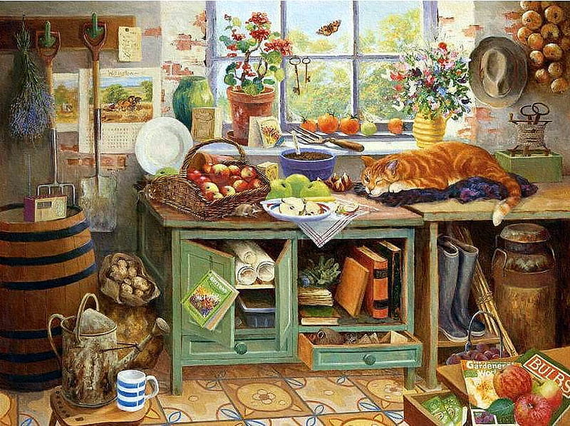Bernard Willington - Gardeners World, art, window, book, home, cat, bernard willington, painting, desk, kitten, HD wallpaper