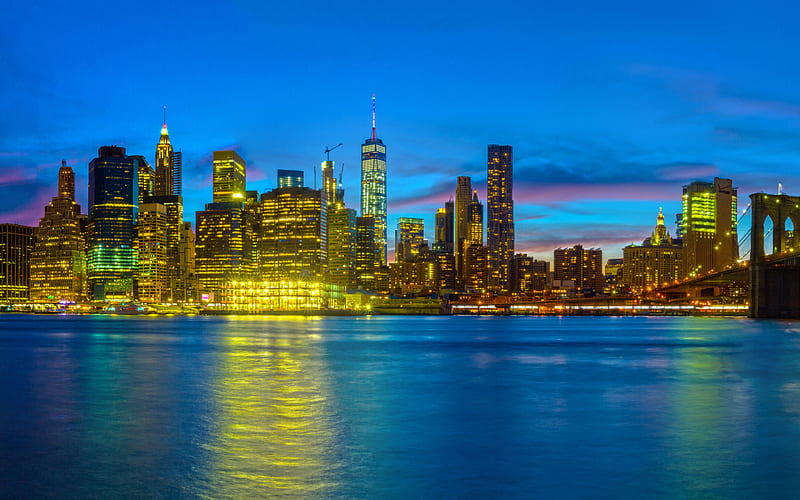 New York, One World Trade Center, dom Tower, Manhattan, evening, sunset, city lights, skyscrapers, NYC, USA, HD wallpaper