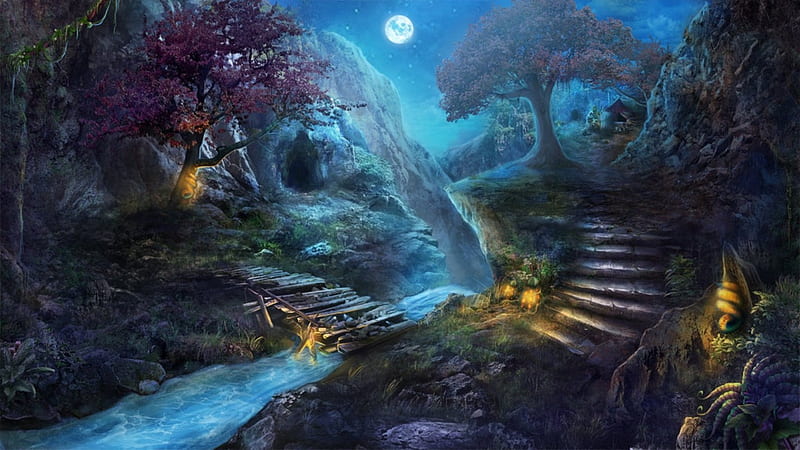 Crossroad, moonlight, path, tree, blue, HD wallpaper