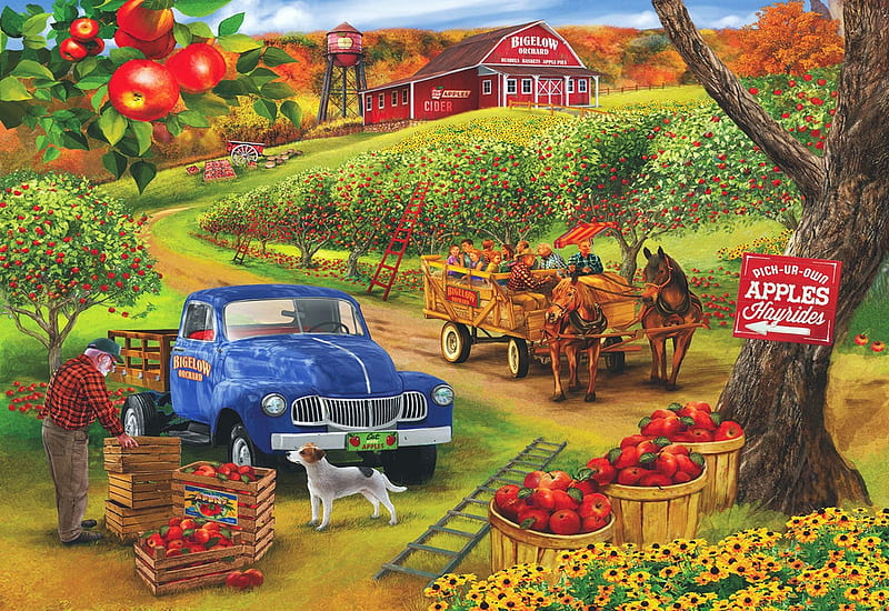 Pick Ur Own Apples, artwork, painting, car, road, people, tree, countryside, HD wallpaper