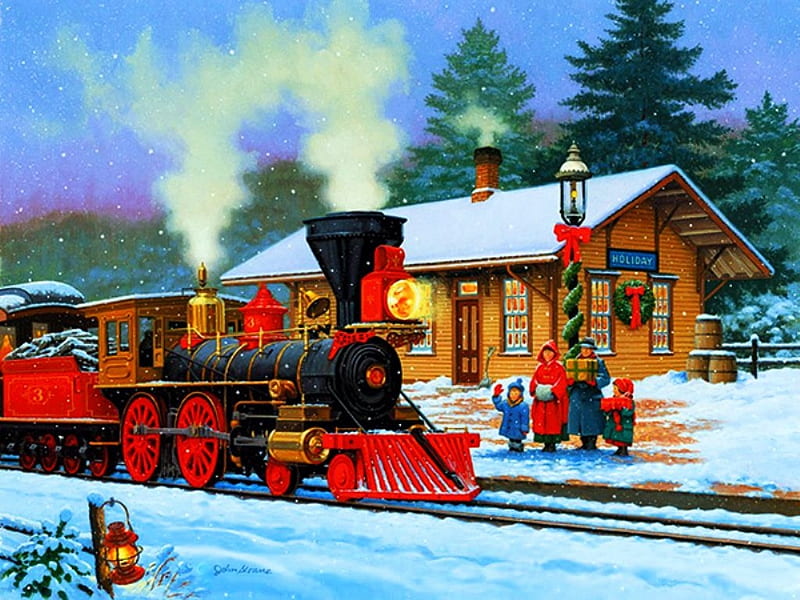 Winter Train, railway, snow, painting, station, steam, artwork, HD wallpaper