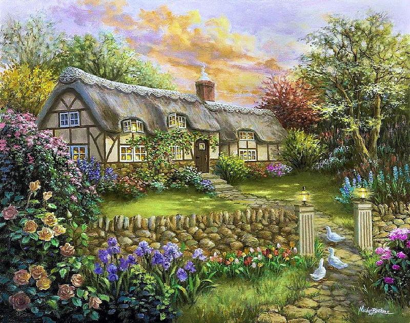 Country Cottage, fence, house, painting, flowers, garden, trees, artwork, HD wallpaper