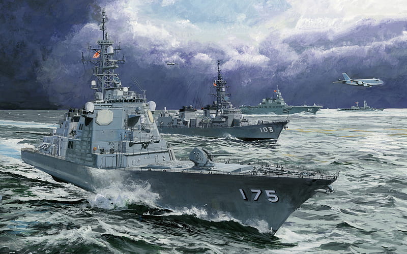 JDS Myoko, DDG-175, guided missile destroyer, JMSDF, JS Ayanami, DDG-103, japan Maritime Self-Defense Force, DDH-181 Hyuga, japanese warships, japan, HD wallpaper